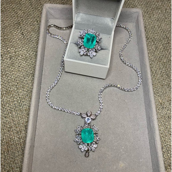 S925 huge Paraiba Tourmaline flower bridal jewelry set - Picture 14 of 16